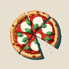 The image is a digital illustration of a Margherita pizza, cut into slices, topped with fresh basil leaves, red sauce, and feta cheese. The pizza looks delicious against a plain background.