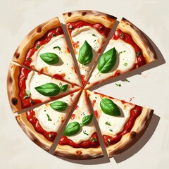 The image is a digital illustration of a Margherita pizza, cut into slices, topped with fresh basil leaves, red sauce, and feta cheese. The pizza looks delicious against a plain background.