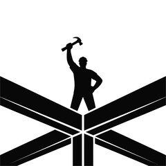 Silhouette of a determined worker holding a hammer aloft atop industrial steel beams symbolizing strength and progress.