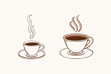 Two Coffee Cups with Steam, Small and Large Delineated Sketch, Minimalist Beige Background