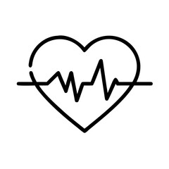 Black outline of a heart shape with an electrocardiogram line through it on a white background showing health
