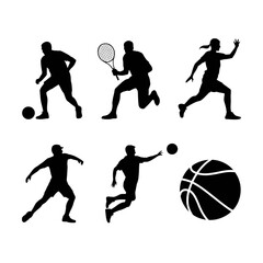 Dynamic Action Sports Silhouettes: Basketball, Soccer, Tennis Players in Motion
