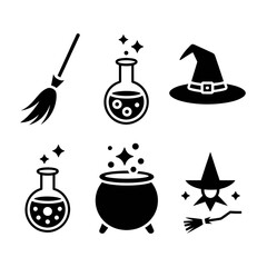 Spooky Halloween Witchcraft Icons:  Line Art, Minimalist Style, Dark Background