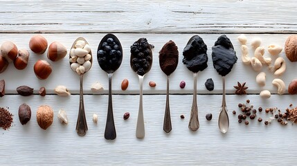 Assorted nuts, seeds, and spices arranged in spoons on a white wooden surface.