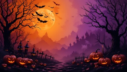 Halloween Themed Background With Spooky Webs, Bats, and Orange Glow