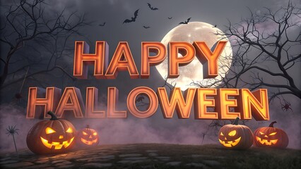 Spooky happy halloween text with carved pumpkins and bats under a full moon
