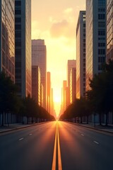Obraz premium Golden Sunset Over Empty City Street with Modern Skyscrapers and Urban Architecture in Metropolitan Downtown