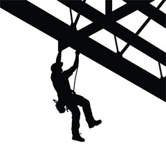 Naklejka premium Silhouette of a daring climber scaling a high-rise structure suspended by a rope in a risky adventure