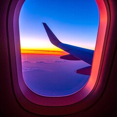 Airplane window view of vibrant sunrise over clouds