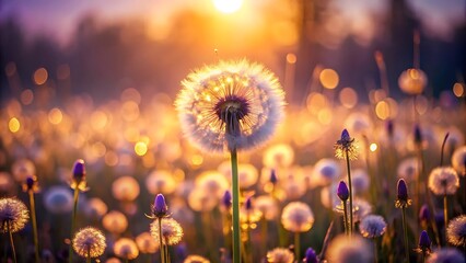 Dandelion field at sunset with soft bokeh