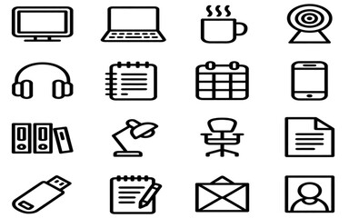 Modern office essentials illustrated as clean, simple icons for digital use