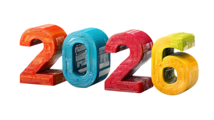 Colorful 2026 numbers isolated on transparent background.