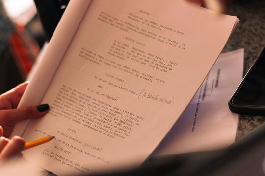 View of a film script in an audiovisual production, with a close-up of its words