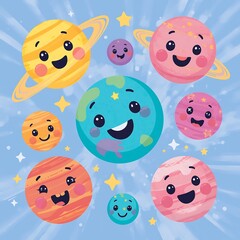 Fototapeta premium Happy smiling cartoon planets float cheerfully among twinkling stars and cosmic rays. A vibrant, delightful space illustration in bright blue