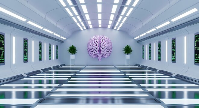 Futuristic neural network research laboratory with a large brain installation - Powered by Adobe