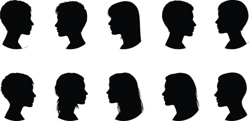 Silhouette collection of human head profiles, male and female avatar icons, people face shapes, user placeholder, vector illustration design