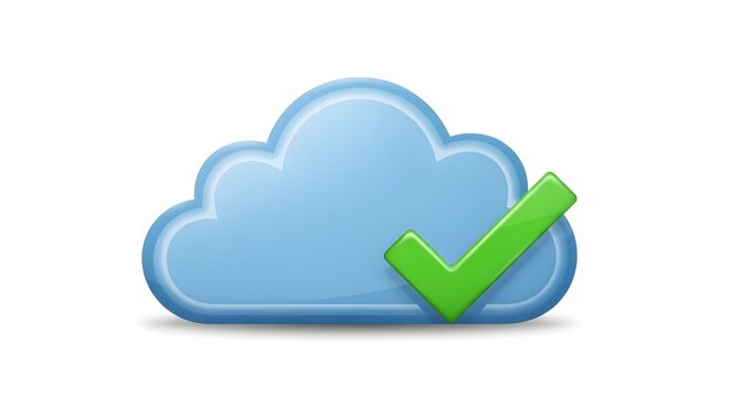 Blue cloud icon with green checkmark on white background
