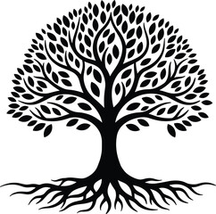 Tree of life silhouette, strong roots design, nature growth symbol, decorative vector tree, eco friendly illustration, abstract natural artwork