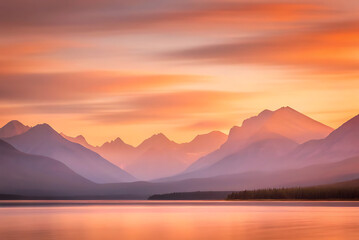 Sunset and sunrise over mountains with lake and forest view