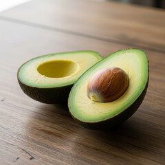 Fresh ripe avocados, one halved with pit, slices fanned out on wood