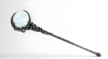 Silver magic staff with crescent moon on white background
