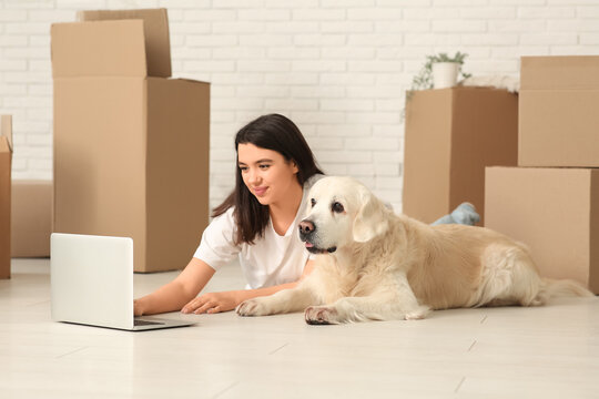 Young happy woman and cute Labrador dog with laptop on moving day lying at home