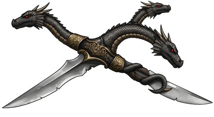 Dragon handled crossed daggers on white background