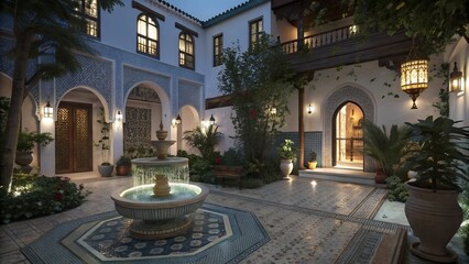 lush moroccan riad courtyard at night