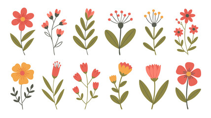 A charming collection of whimsical floral illustrations, isolated on white background, showcasing a variety of colorful blooms and delicate foliage