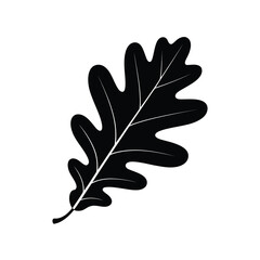 Bold black silhouette of a detailed oak leaf with a white vein outline
