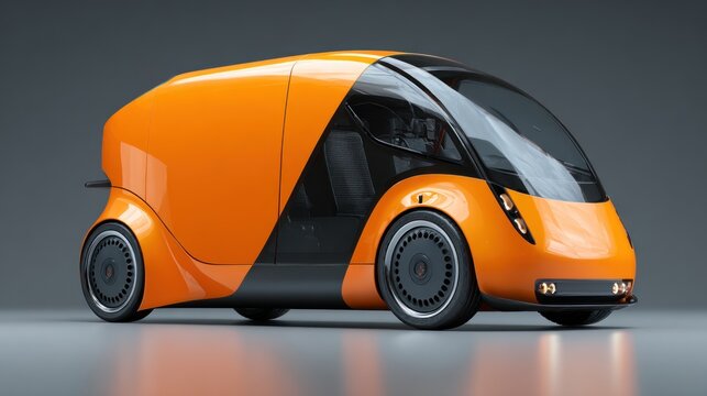 A sleek, orange and black electric vehicle with a futuristic design, featuring a glass canopy and a sleek, aerodynamic shape.