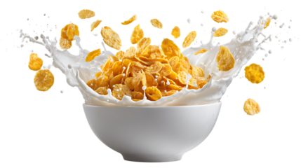Cornflakes with milk splash isolated on transparent background.