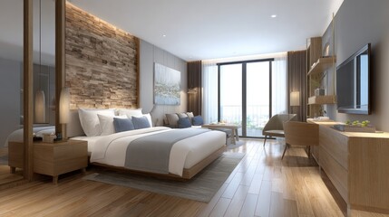 Fototapeta premium A modern, minimalist bedroom with a wooden floor, white walls, and a large window overlooking a cityscape.