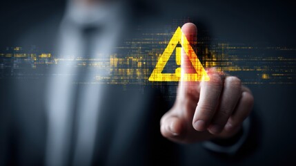 A man in a suit pointing to a glowing yellow warning triangle on a dark background.
