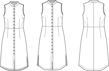 CAD drawing flat vector illustration of sleeveless shirt dress with button front closure, mandarin collar, curved hem, fashion template
