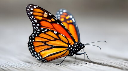 Obraz premium Close-up view of an exquisite monarch butterfly with vibrant orange and black wings, resting gracefully on a weathered wooden surface.