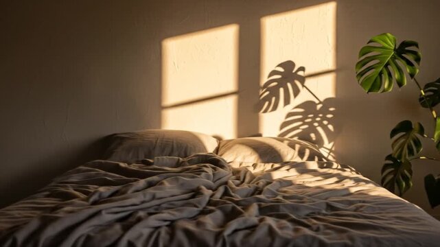 Serene bedroom scene with soft sunlight casting shadows of plants on a rumpled bed in a cozy setting