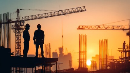 Two construction workers on a construction site at sunset.