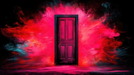 Mysterious doorway, vibrant colors, explosion