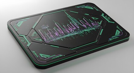Futuristic design of a touchpad with city skyline on white background