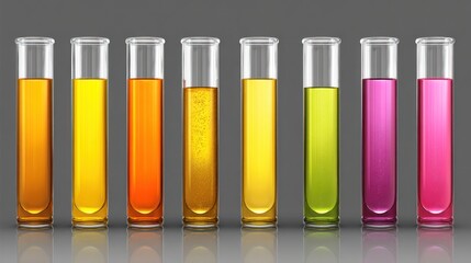 A row of test tubes filled with colorful liquids.
