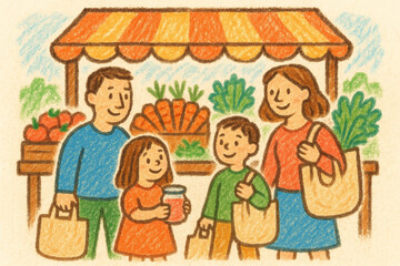 Crayon illustration of a family shopping at a local market