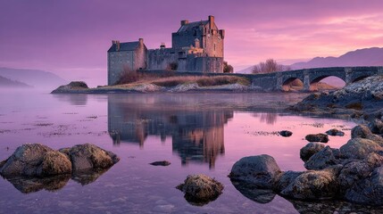 Misty castle reflected in tranquil water at dawn