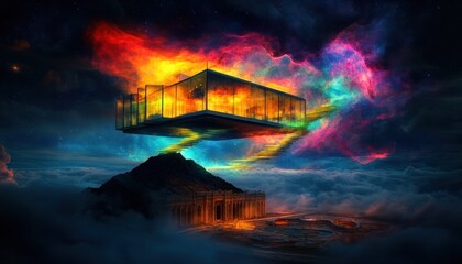 Floating house amidst vibrant nebula, over a mystical mountain