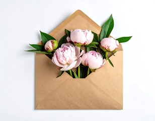 Delicate pink peonies in a kraft envelope