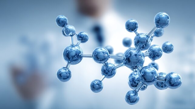 A scientist in a lab coat holding a glass molecular model in front of a blurred background.