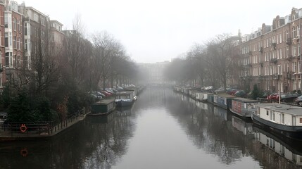 A tranquil canal scene in a misty European city, showcasing traditional architecture and houseboats.