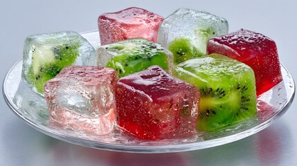 Colorful fruit-infused ice cubes, vibrant and refreshing, arranged artfully on a clear plate, showcasing a spectrum of colors and textures.