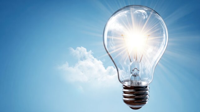 A light bulb with a glowing filament against a blue sky with a cloud.
