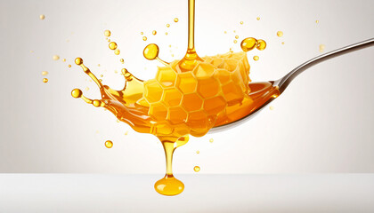 Close-up of a honeycomb on a spoon with honey splashing out against a white background